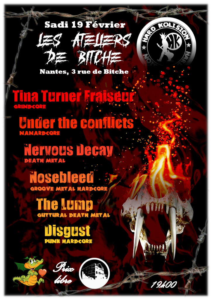 Affiche du concert de Hard Kolision à Bitche, avec Tina Turner Fraiseur, Under the Conflicts, Nervous Decay, Nosebleed, The Lump et Disgust