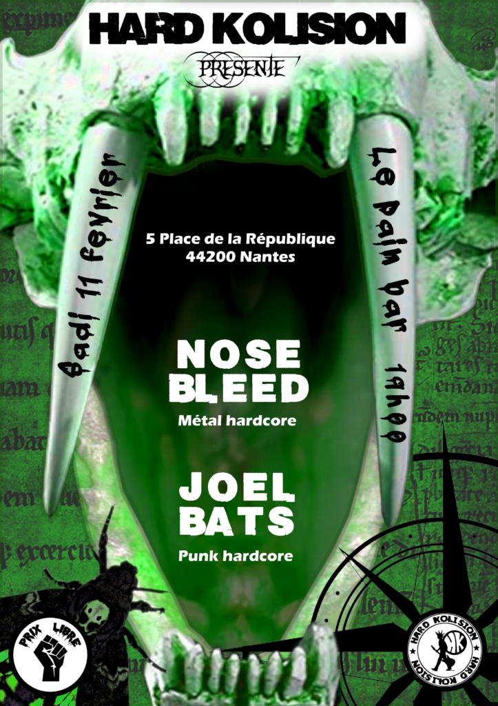 Affiche de concert hard kolision avec Nosebleed, Joel Bats au Pain bar Sadi 11 février à Nantes
